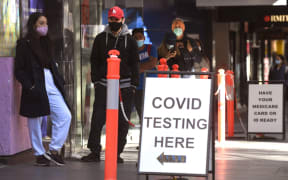 People queue up for Covid-19 testing in Melbourne on May 12, 2021.