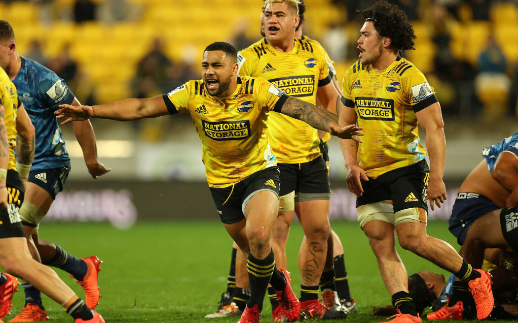 Hurricanes Ngani Laumape celebrates their win during the Hurricanes vs Blues Super Rugby Aotearoa match at Sky Stadium on Saturday the 18th of July 2020. Photo by Marty Melville / Photosport.co.nz