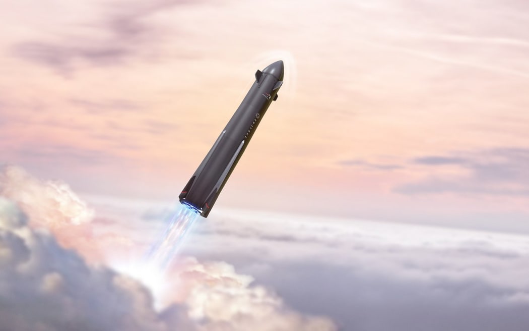 Artwork showing a concept of Rocket Lab's 'Neutron' rocket, in flight.