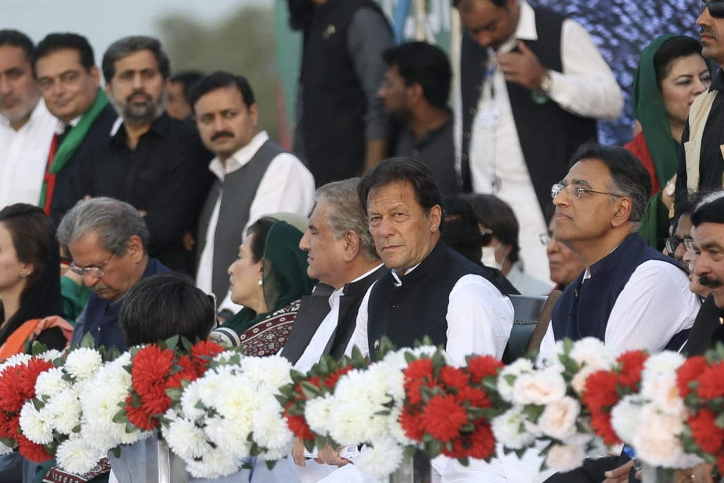 Prime Minister of Pakistan Imran Khan (second from right) at a rally in Islamabad in support of his ruling PTI party.