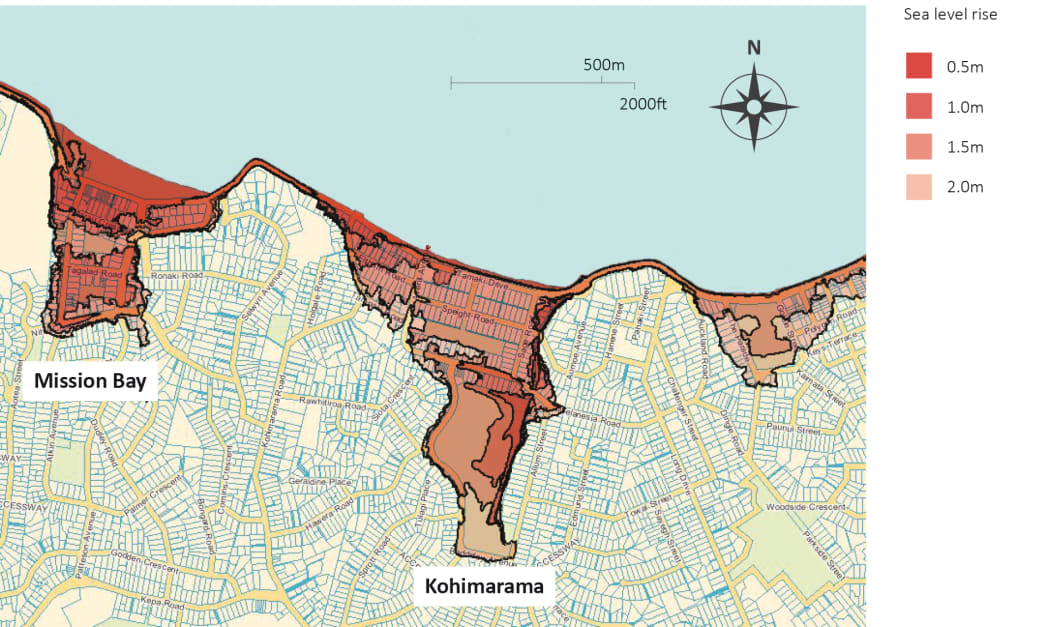 This map shows the extend of inundation in highly-populated parts of Auckland for a 1-in-100-year storm surge for different amounts of sea level rise.
