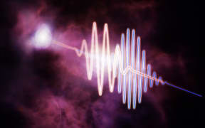 An artist's depiction shows how brief, bright bursts of radio waves travel through the fog between galaxies, known as the intergalactic medium. Each wavelength allows astronomers to “weigh” the otherwise invisible ordinary matter.