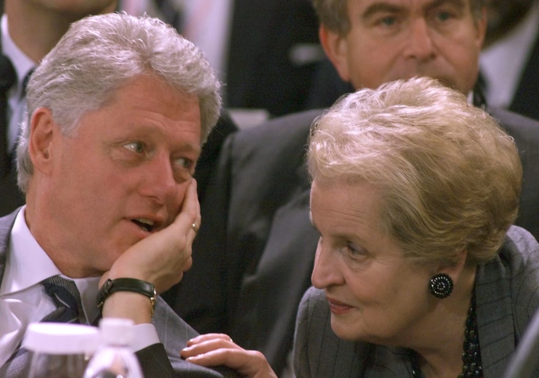(FILES) In this file photo taken on November 18, 1999 US President Bill Clinton (L) listens to US State Secretary Madeleine Albright at the Ciragan Palace in Istanbul