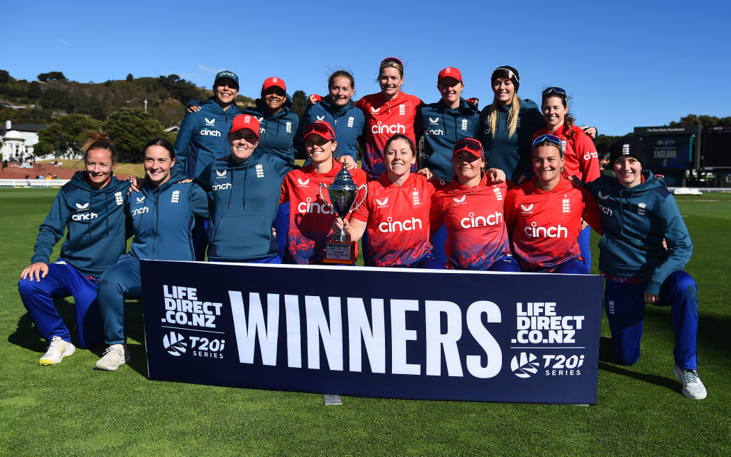 England team after winning the T20 series after the 5th T20 International New Zealand White Ferns v England. Basin Reserve, Wellington, New Zealand. Friday 29 March 2024. ©Copyright Photo: Chris Symes / www.photosport.nz