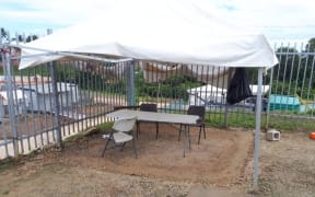 An empty guard post at West Haus.