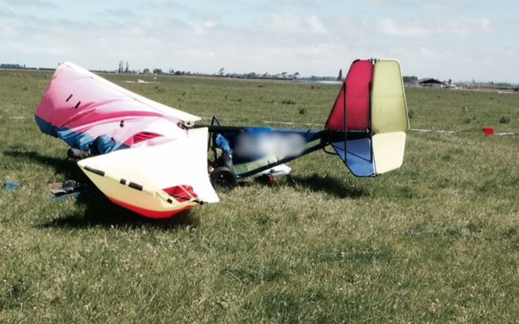 The wreckage of the microlight near Seadown, Timaru.