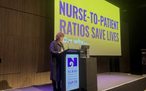 New Zealand Nurses Organisation president Anne Daniels speaking at the conference this morning. (Credit: RNZ / Pretoria Gordon)
