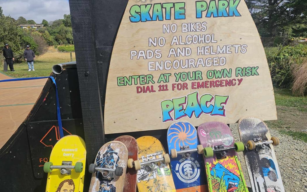Skateboards piled up by Hampden skate park