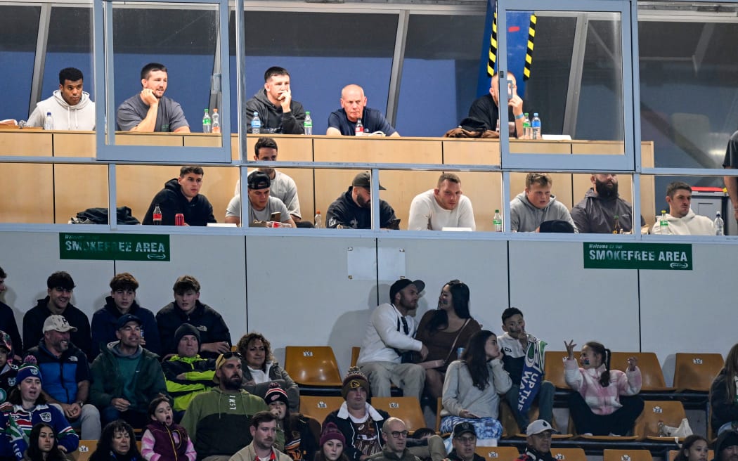 Players from the England Rugby team watch the  NZ Warriors v Brisbane Broncos.