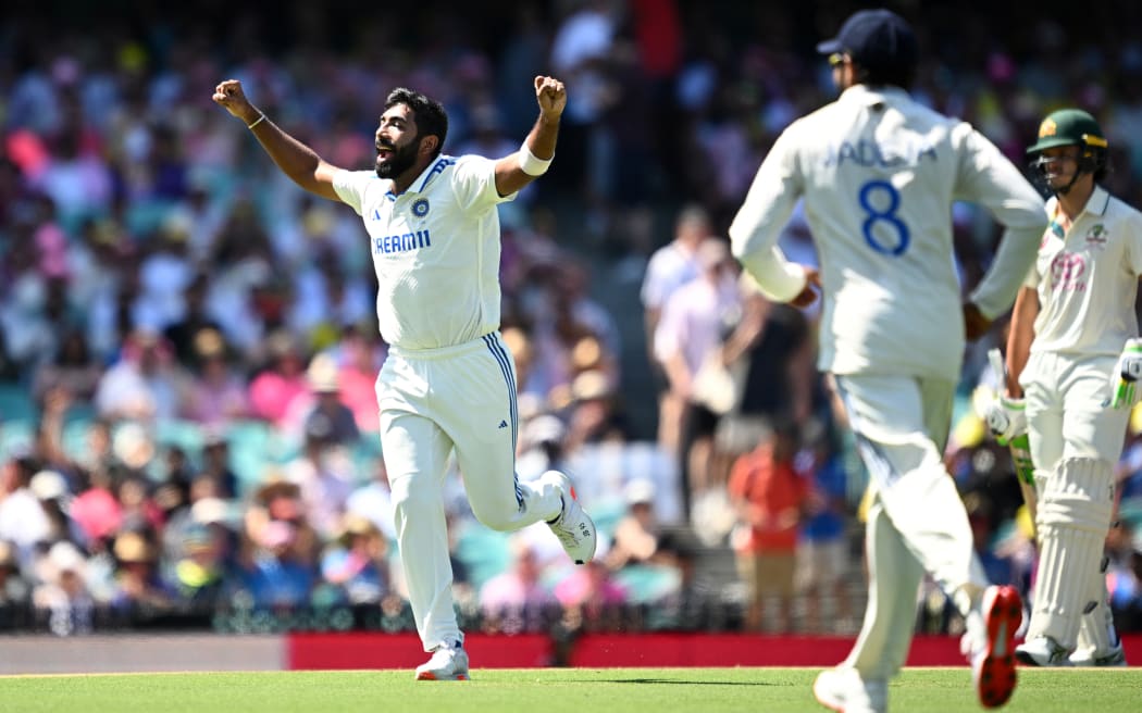 Jasprit Bumrah celebrates taking the wicket of Marnus Labushagne during the fifth test against Australia in Sydney.