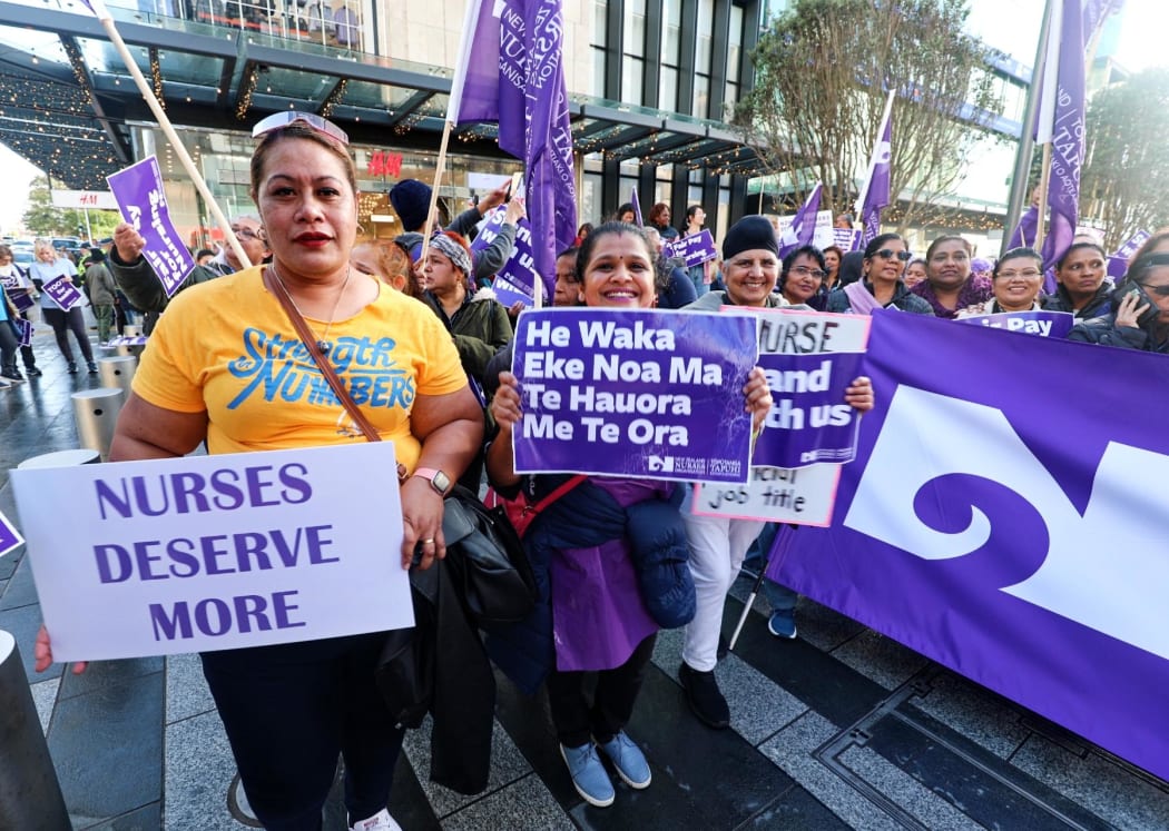 Nurses take to the street at Britomart in Auckland.