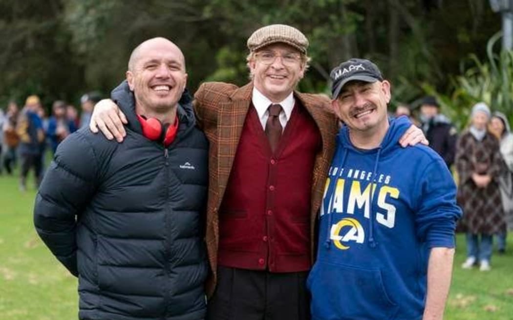 Directors Paul Middleditch and Hamish Bennett with actor Rhys Darby