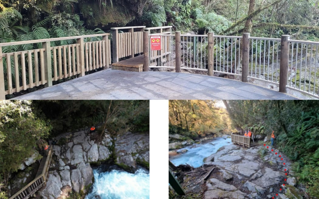 Lake Marian Falls Track viewing platform before (down) and after (top).