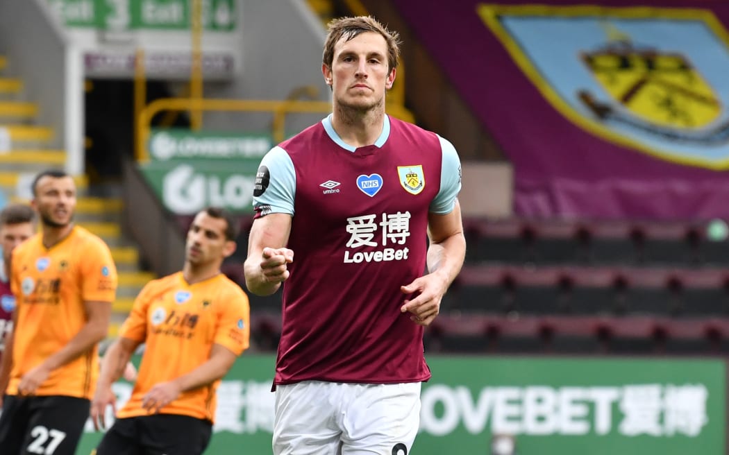 Chris Wood celebrates scoring a goal for Burnley in the 2020 EPL season. 
Downloaded 6 August 2020
