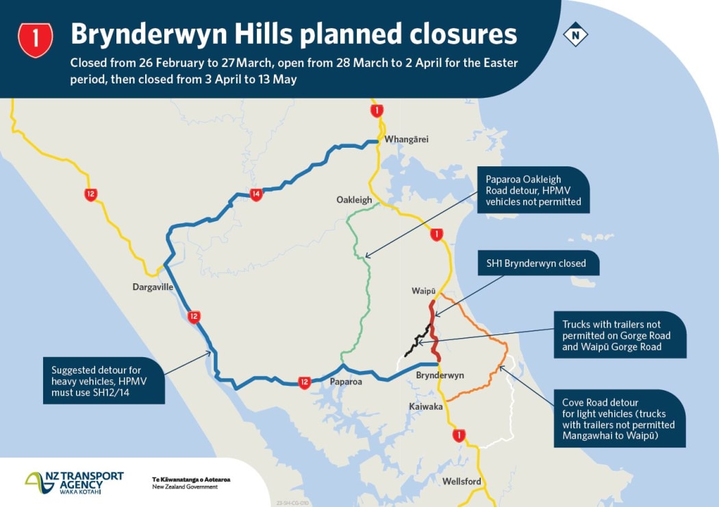 A map of the detours around the Brynderwyns which can be used when a 10km stretch of SH1 is closed for critical repairs from 26 February to 27 March and again from 3 April to 12 May.