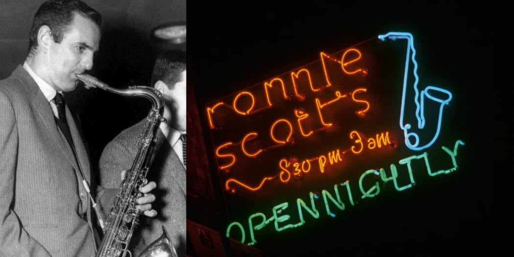 English saxophonist and jazz club owner Ronnie Scott who would have been celebrating his 90th birthday in 2017. The famous neon sign outside the club in Soho, London.