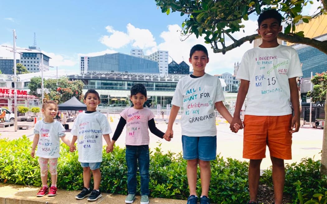 Raymond and Merencia Cornelissen are waiting on a delayed visa to visit whānau in New Zealand; from left, their grandchildren Sage Cupido, 3, Ethan Cornelissen, 4, Jesse Cupido, 5, Caleb Cornelissen, 11, and Quinn Cupido, 14.