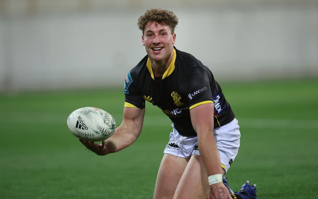 Lions Riley Higgins scores a try during the Bunnings NPC rugby match between the Wellington Lions and Bay of Plenty at Sky Stadium in Wellington on the 7th August  2022.