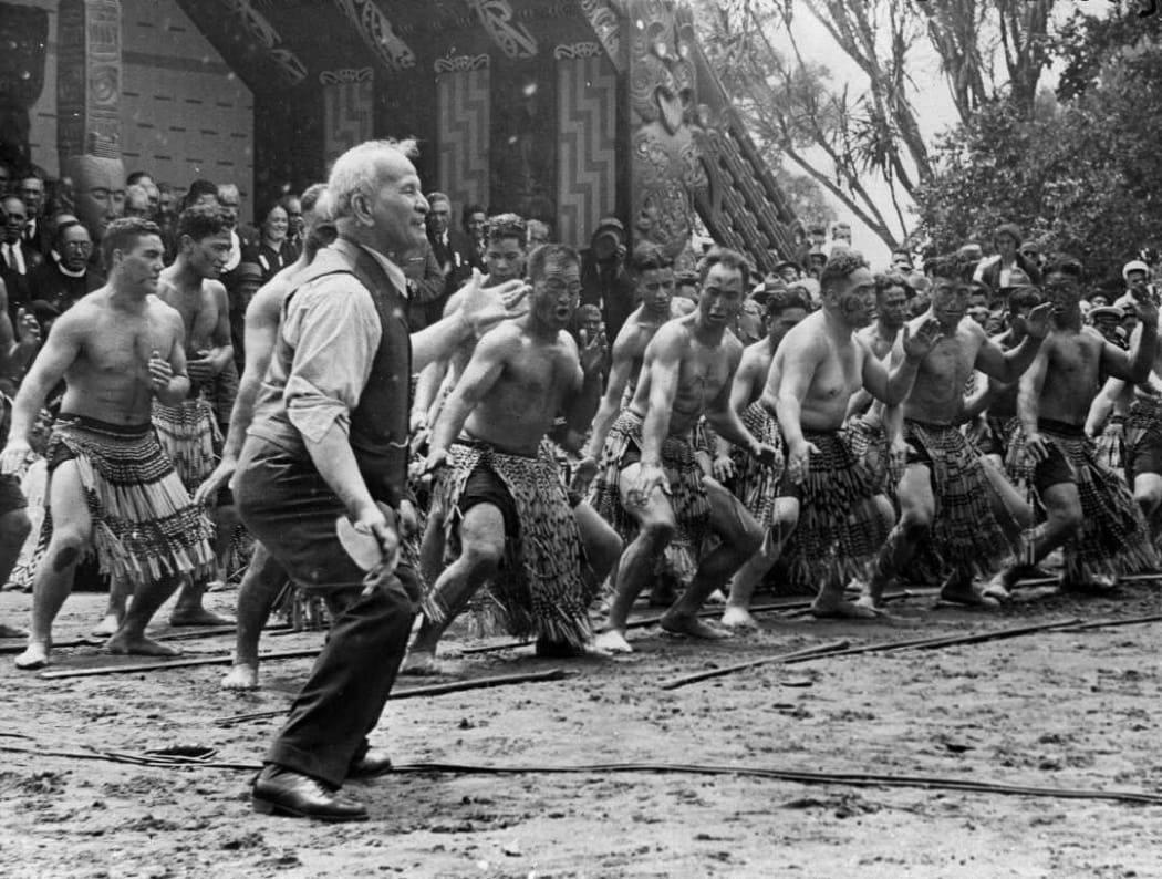 Sir Apirana Ngata leading a haka at Waitangi Day Feb 6, 1940