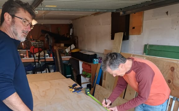 Measuring up the plywood for the NZSO's Mahler 6 hammer.