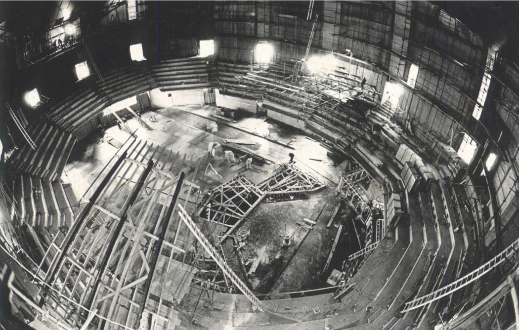 Christchurch Town Hall auditorium during construction