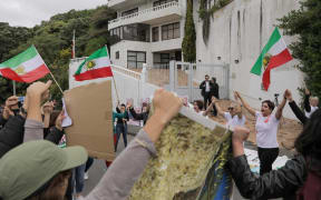 Protesters demonstrate outside the Iranian embassy in Wellington on 28 October, 2022.