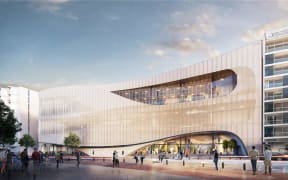 An artist's impression of the Wellington Convention Centre as viewed from the entrance to Te Papa.