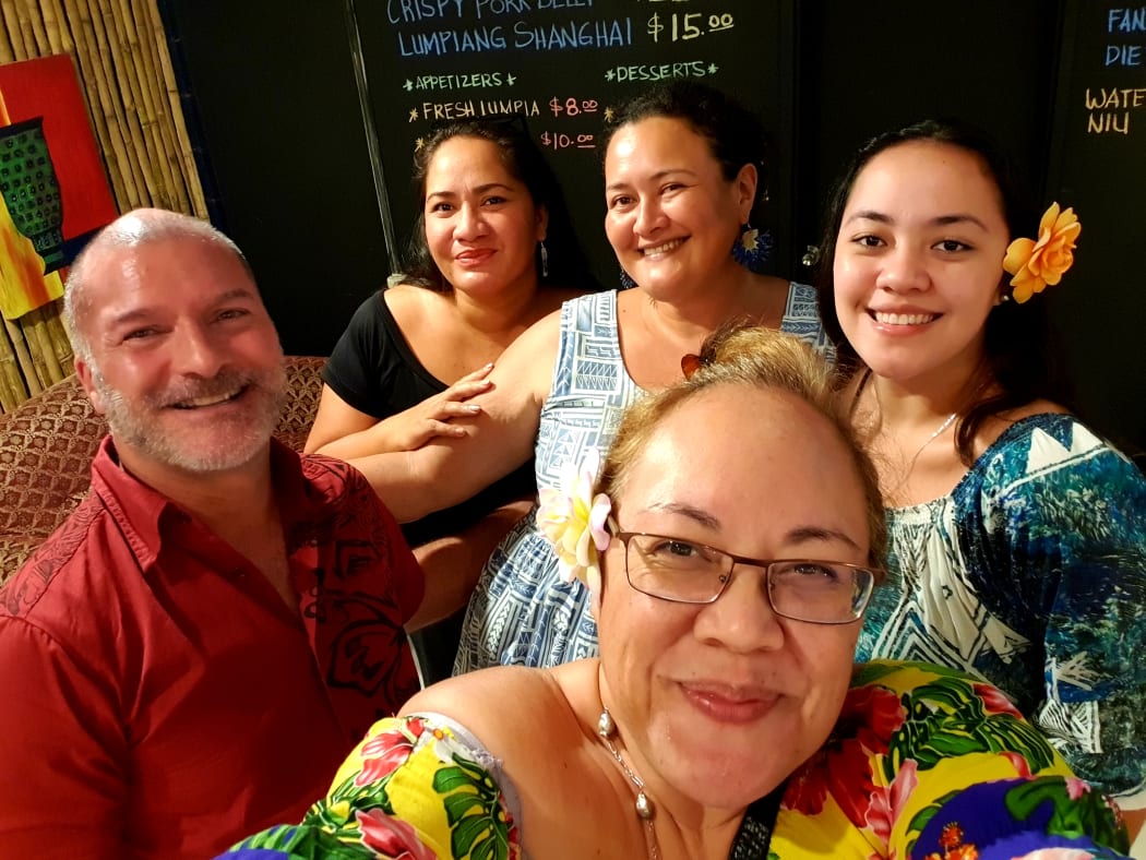 Dominic Godfrey in Samoa for 10th anniversary tsunami coverage, with SPREP's Nanette Woondton (front) and UN Women's Mele Mauala (behind).