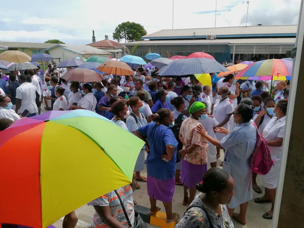Nurses in Solomon Islands stage a sit-in protest in the carpark of the National Referral Hospital in Honiara. 30 October 2020