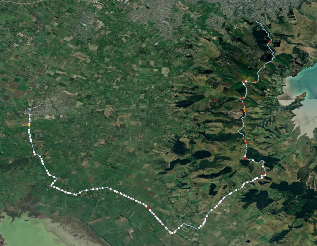 A map of butterflies spotted along ecologist Jon Sullivan's Port Hills bike route. Glade coppers are brown (3), common coppers orange (11), red admirals red (7), yellow admirals yellow (1), and cabbage whites are white (432).