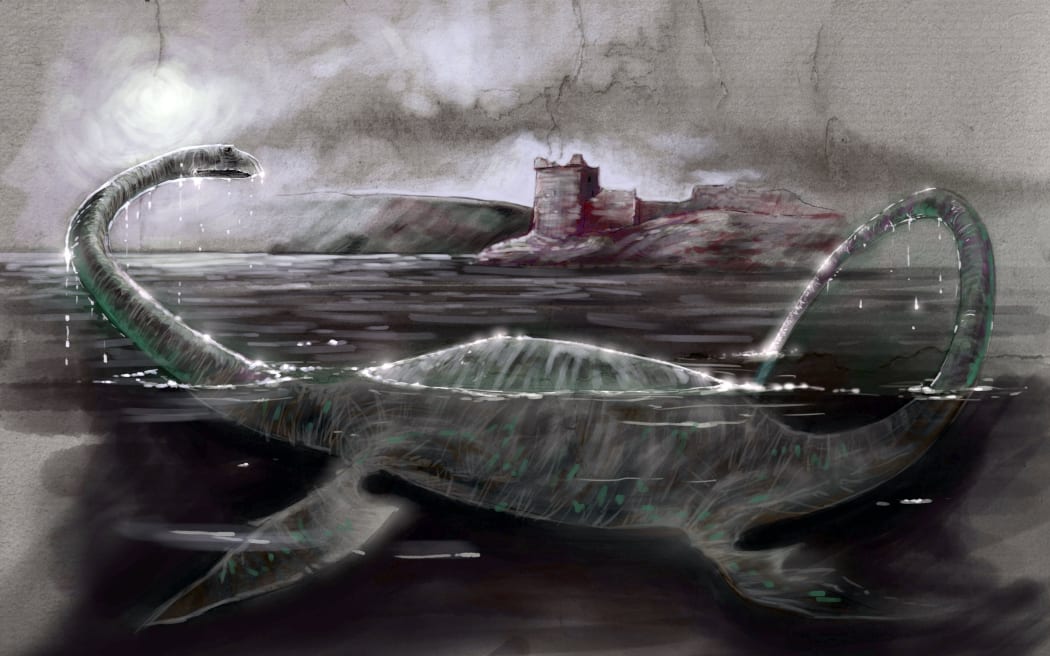 Monstres et creatures fantastiques, cryptozoologie : representation de Nessie, le monstre du Loch Ness en Ecosse - Dessin d'Alessandro Lonati, 2012 ©Alessandro Lonati/Leemage