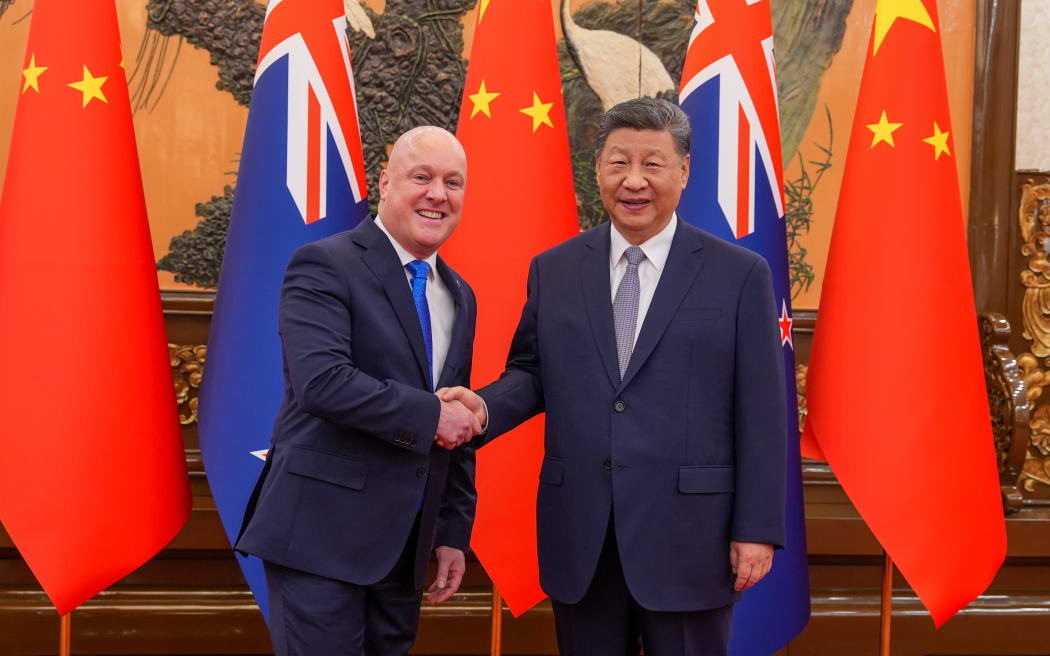 Christopher Luxon at talks with Chinese President Xi Jinping in Beijing on 20 June 2025 (NZT).