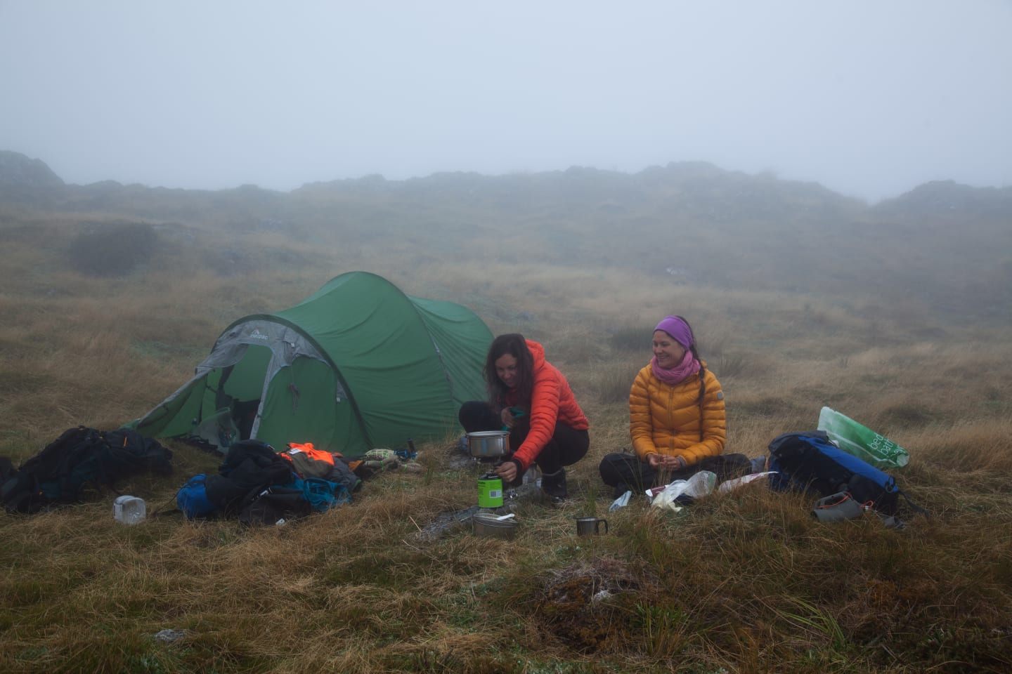 Laura Young and Lorna Deppe at alpine camp,  Doubtful Valley, North Canterbury