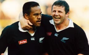 Jonah Lomu and Sean Fitzpatrick playing for the All Blacks. 1995.