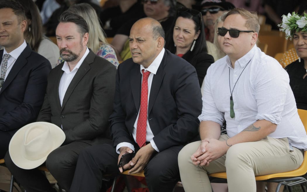 Labour's Reuben Davidson (left) and Willie Jackson (centre) at Rātana Pā on 24 January.