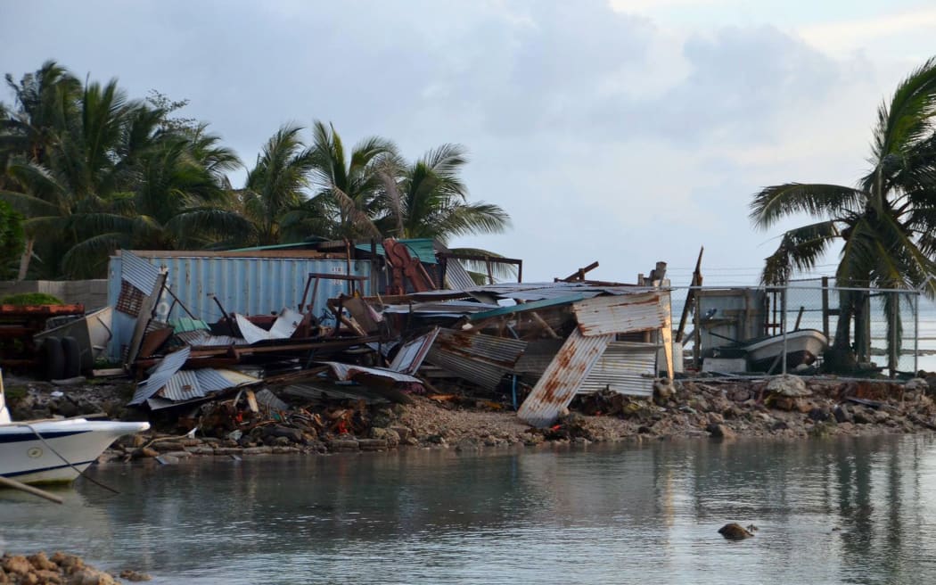 Structures damaged during storms brought on by Super Typhoon Maysak near the village of Mwan on the island of Weno in the Micronesian state of Chuuk. Federated States of Micronesia