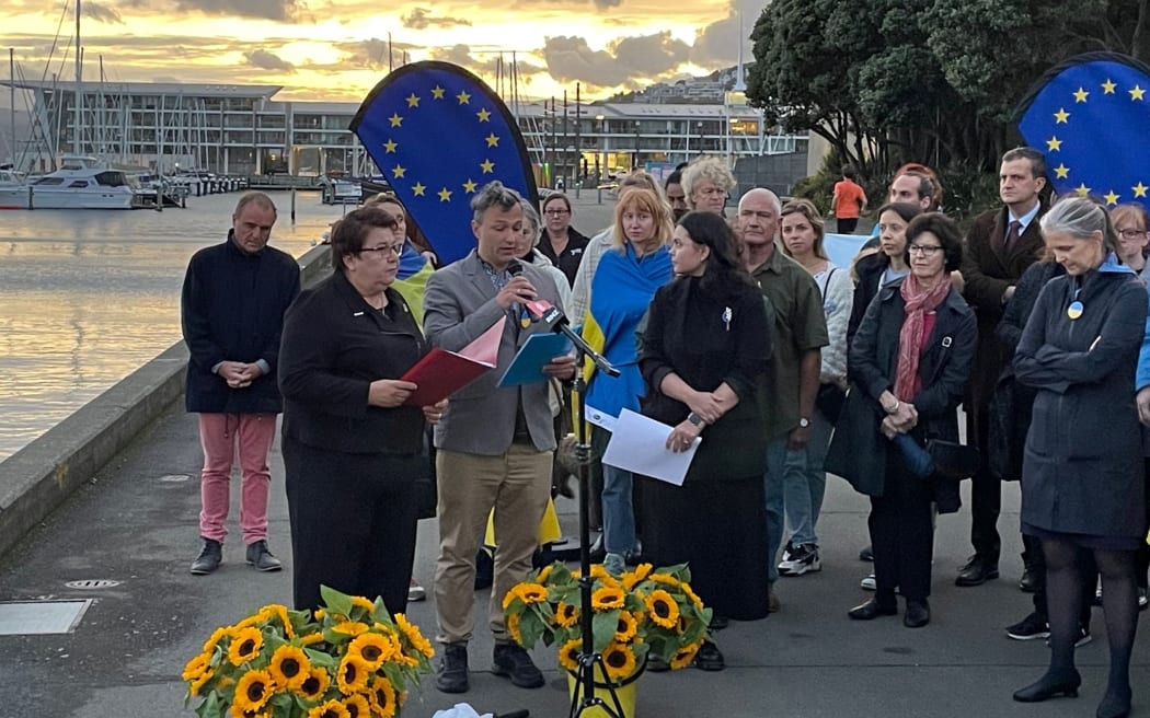 People at Ukraine war anniversary event in Wellington