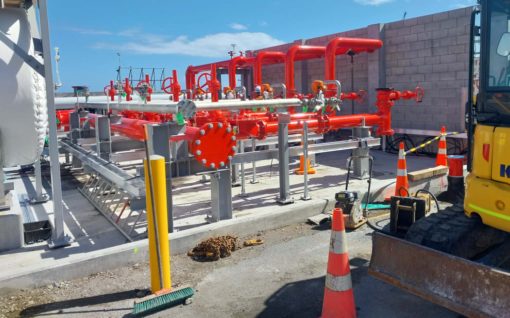 The firefighting foam tank and piping that feeds the firewater monitors (water cannons) on Port Taranaki's Newton King Tanker Terminal.