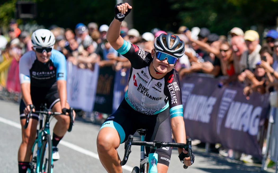 Georgia Williams celebrates winning the elite women's title at the Road Cycling Nationals, Cambridge,  New Zealand, Sunday 14 February 2021. www.photosport.nz