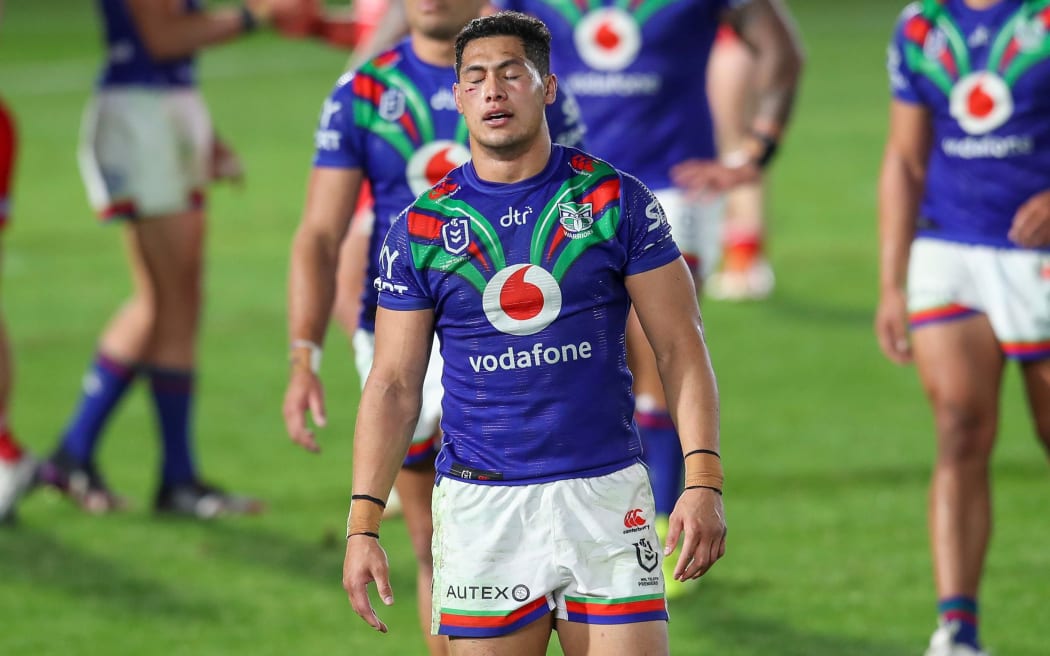 A dejected looking Roger Tuivasa-Sheck after the Warriors were beaten in golden point by the Dragons at Central Coast Stadium, Gosford, NSW, Australia, Friday 2nd July 2021