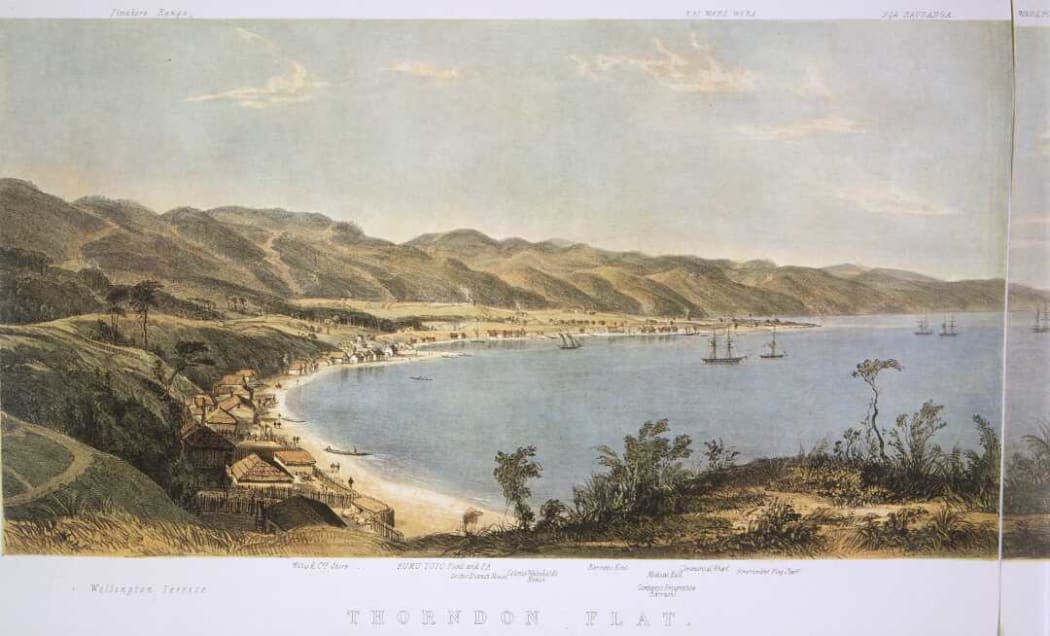 The harbour of Port Nicholson and the town of Wellington (sketched in the middle of the year 1842). [left-hand portion].