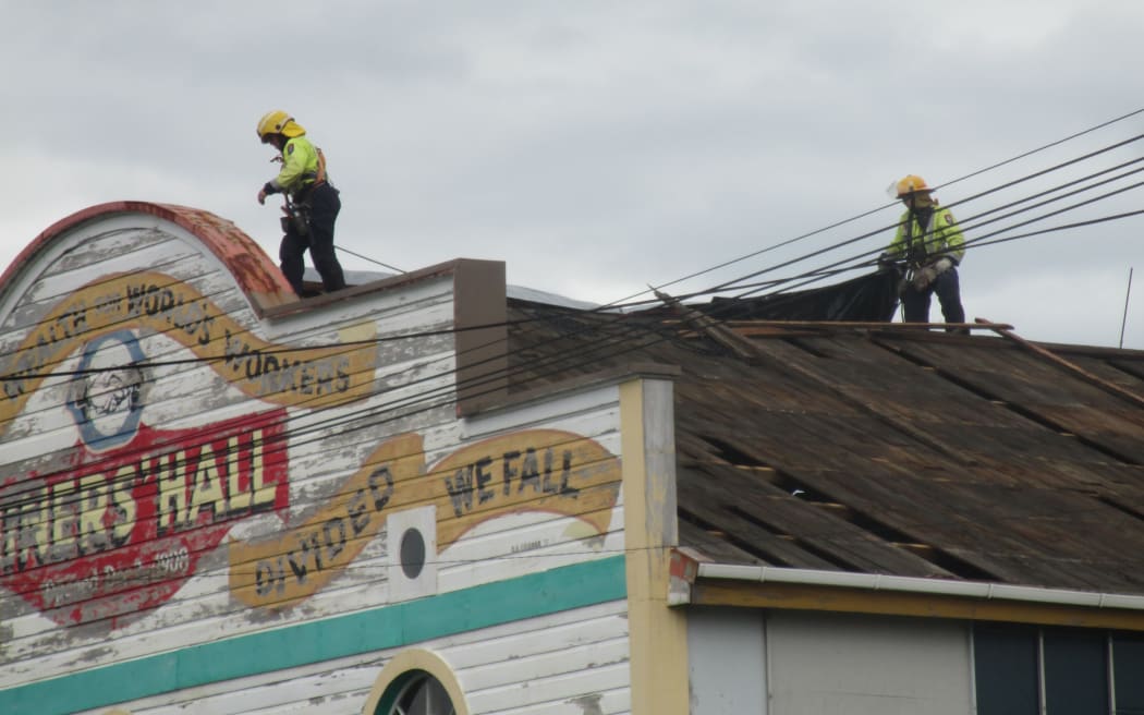 The storm lifted the roof on the Runanga Miners' Hall in Greymouth.