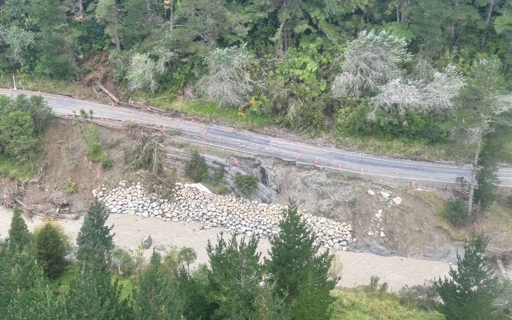 Flood damage as seen from the sky over Tokomaru Bay around the Mangahauini river.