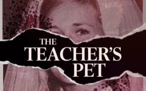 The art cover for The Teacher's Pet podcast. A black and white image of Lynette Dawson on her wedding day is tinged red with blood spatters across it. The image is stylised so that the photo has the middle strip of the photo, of her nose and mouth, ripped out. Across the ripped section, there is a black background and the title, THE TEACHER'S PET, is written in white font.