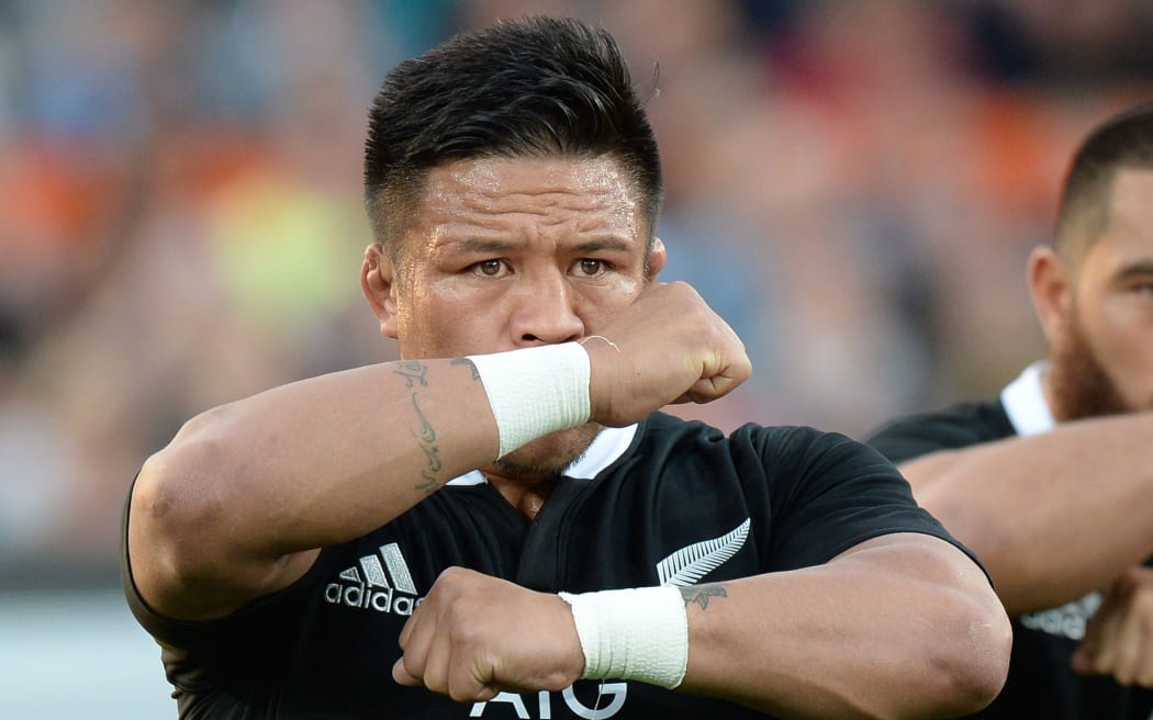 The All Blacks' hooker Keven Mealamu performs the Haka.