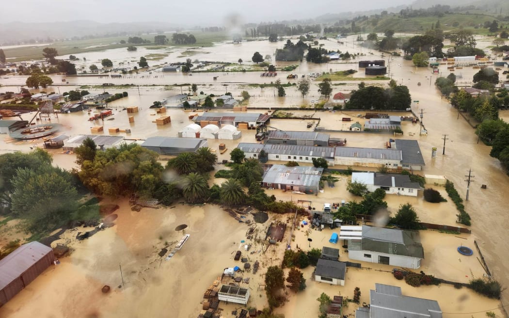 Flooding in Wairoa after the river burst its banks due to heavy rain from Cyclone Gabrielle.