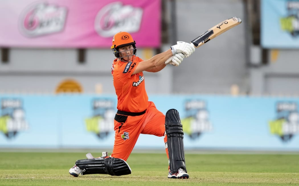 Sophie Devine of the Perth Scorchers plays a shot during the Women's Big Bash League cricket match between Hobart Hurricanes and Perth Scorchers on November 21, 2020 at North Sydney Oval, Australia.