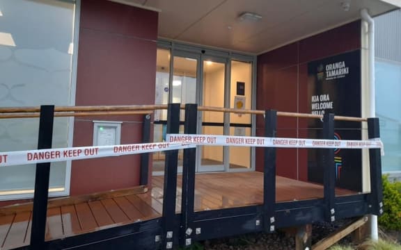 Oranga Tamariki's Kaitaia office, barricaded by protestors.