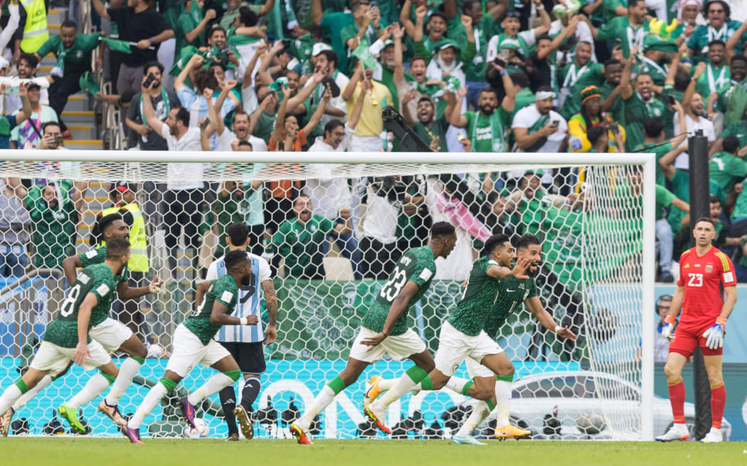 Team Arabia celebration during the World Cup match between Argentina v Saudi Arabia, in Doha, Qatar, 2022