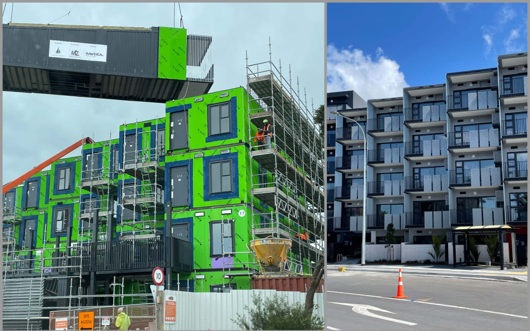 Modular housing in Pt Chev under construction, and the project after it was finished.